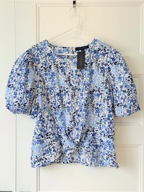 Tommy Hilfiger Blue Floral Puff Sleeve Tie-Front Blouse